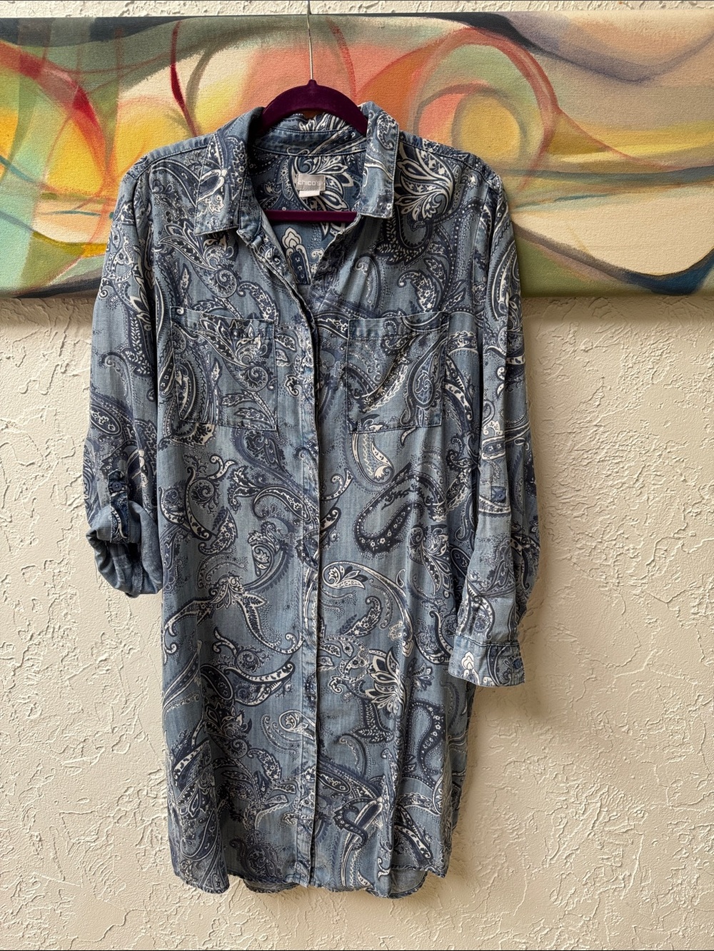 Chico's Blue Paisley Button-Front Shirt Dress With Pockets